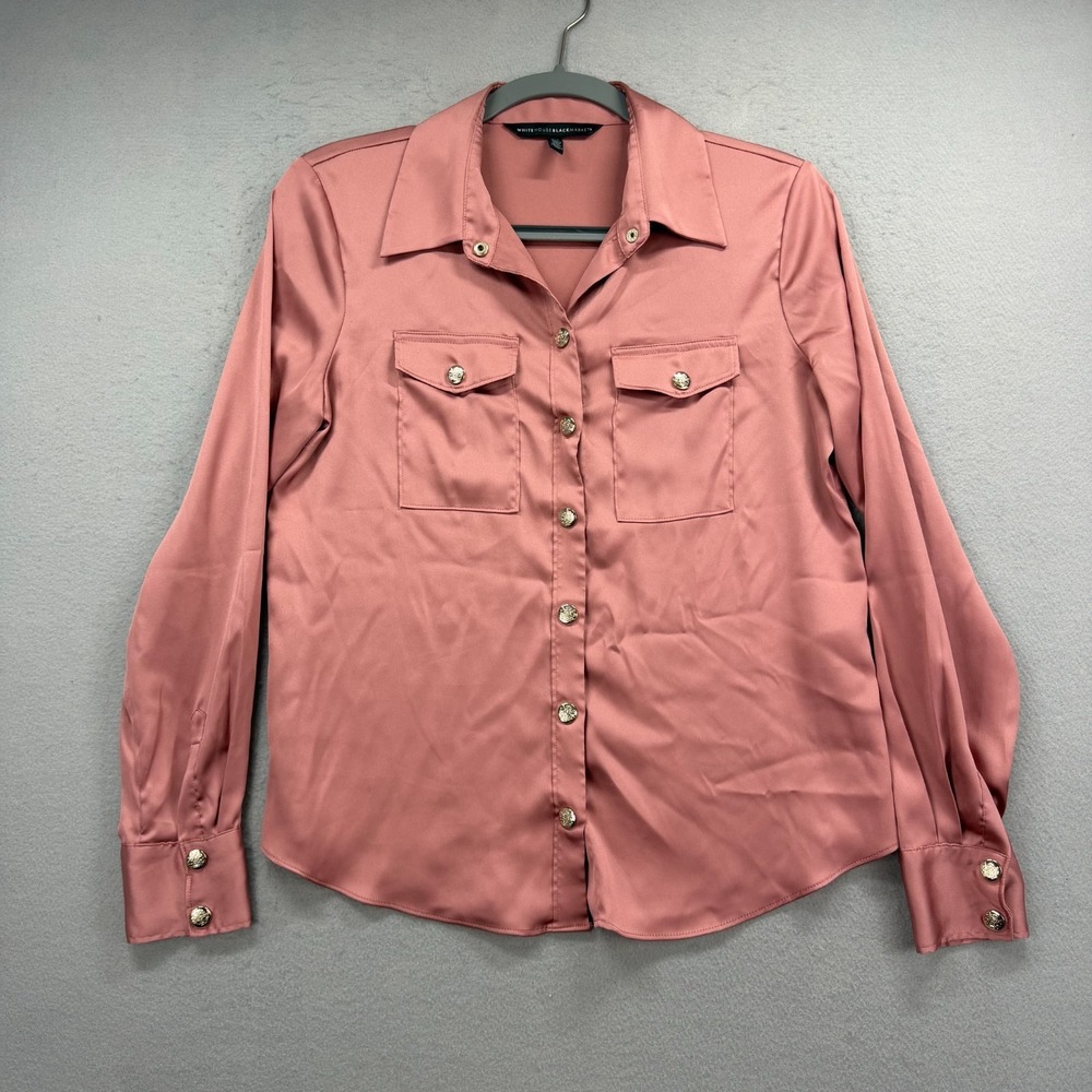 White House Black Market Blouse Womens XS Long Sleeve Pink Satin Snap Button Top